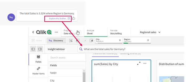 The Explore this further option in Insight Advisor Chat shows sales data for Germany in an app