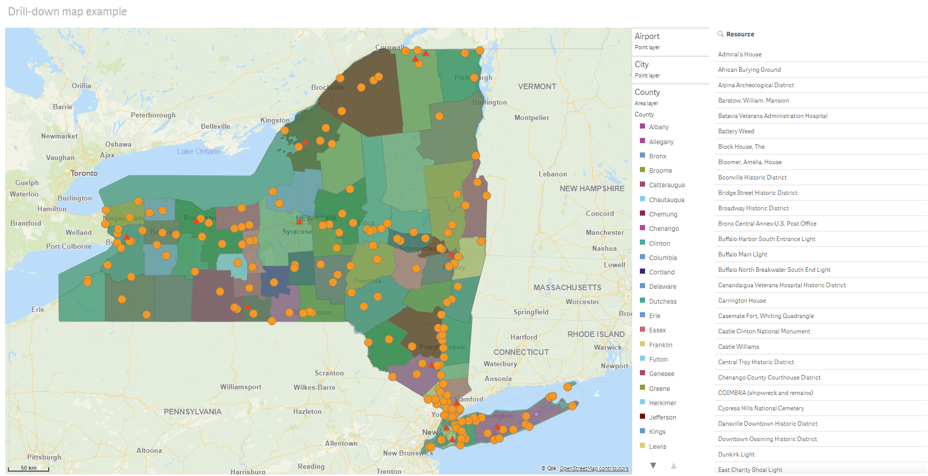 Map with drill down layer displaying counties in USA and cities and airports as data points.