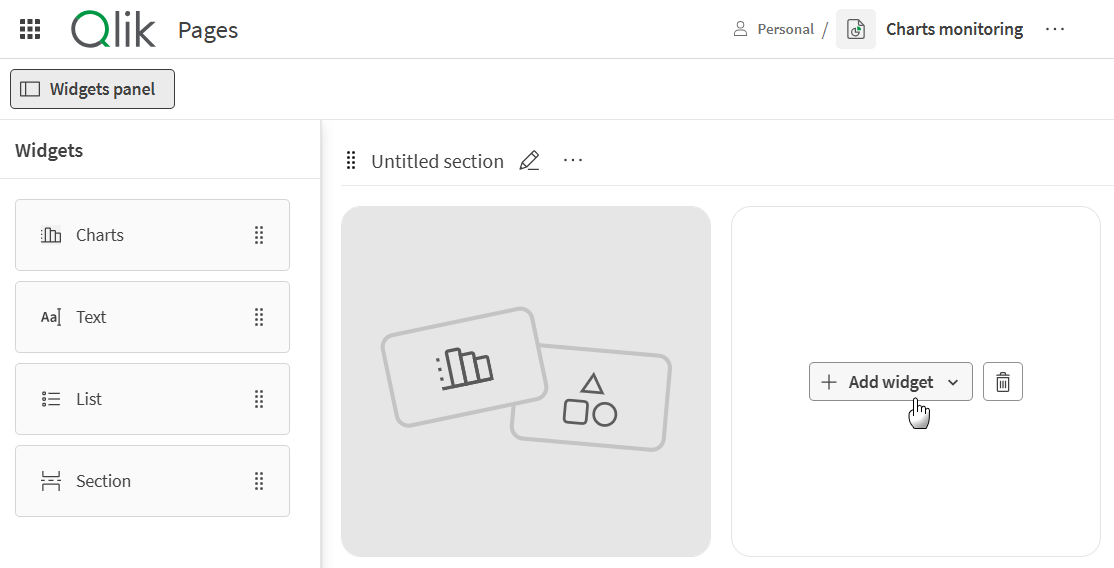Page editor showing the Add widget button