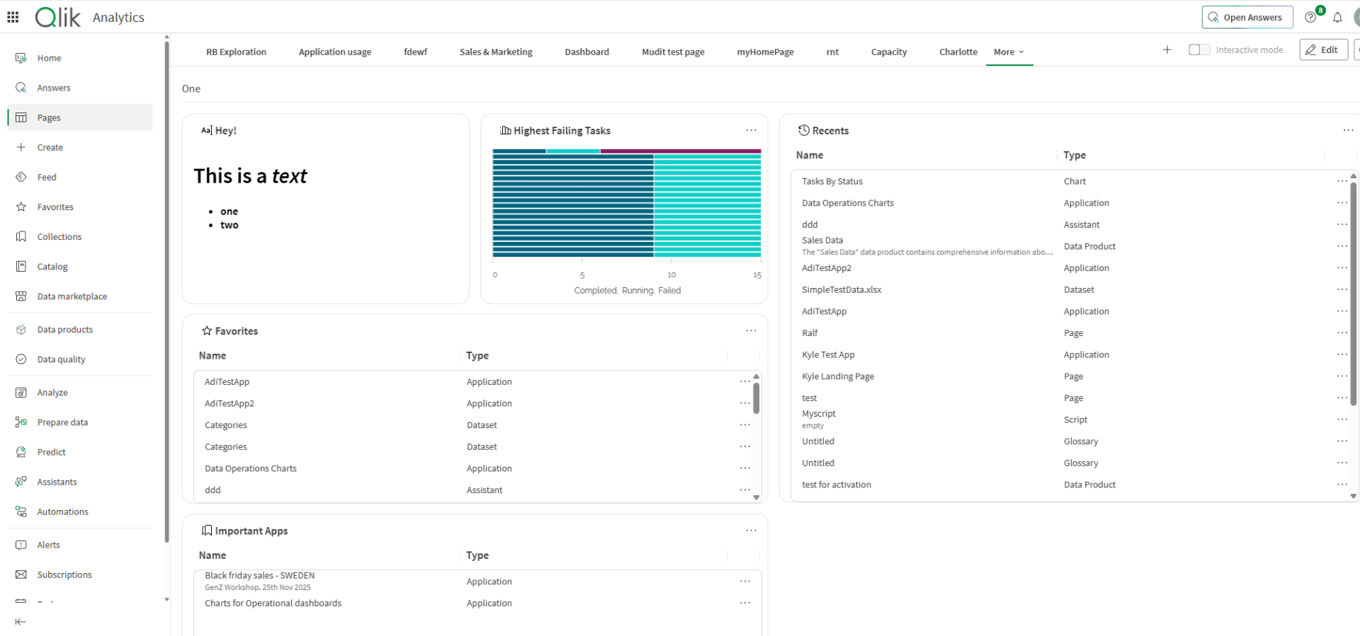 Pages window opened and showing a dashboard