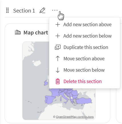 Managing sections using the section's actions menu