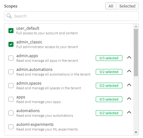 User default and admin classic scopes set for existing OAuth clients