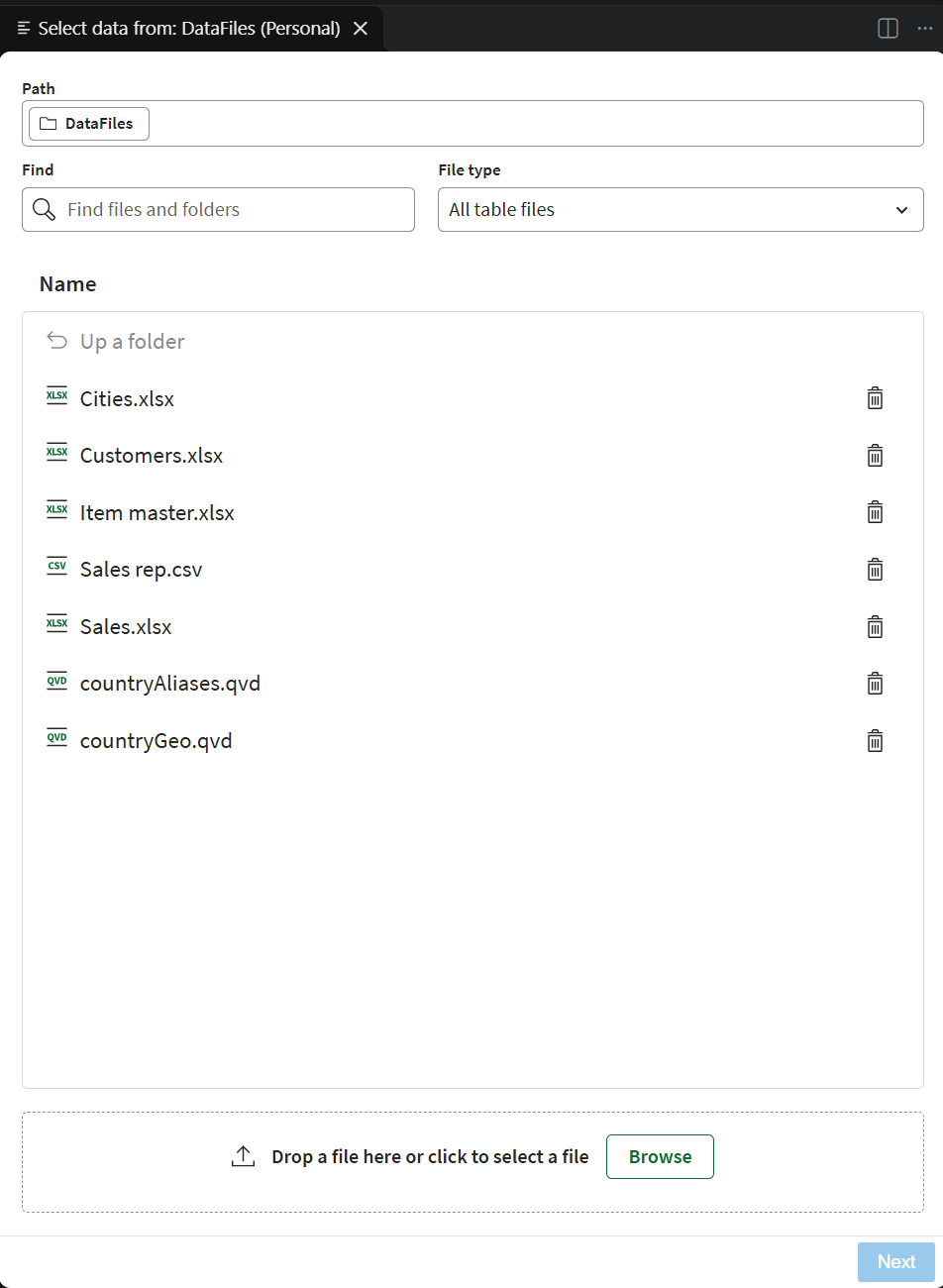 Using the graphical interface to add data from data files in a space.