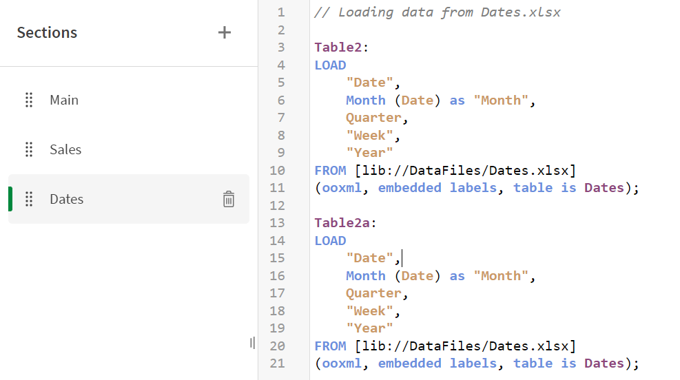Load script in Dates tab.