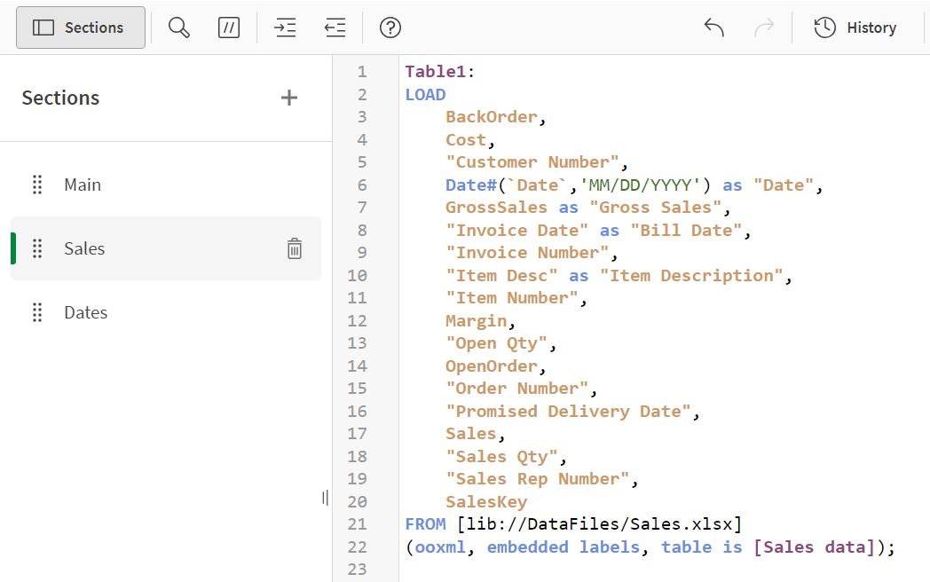 Load script window with script to rename fields.