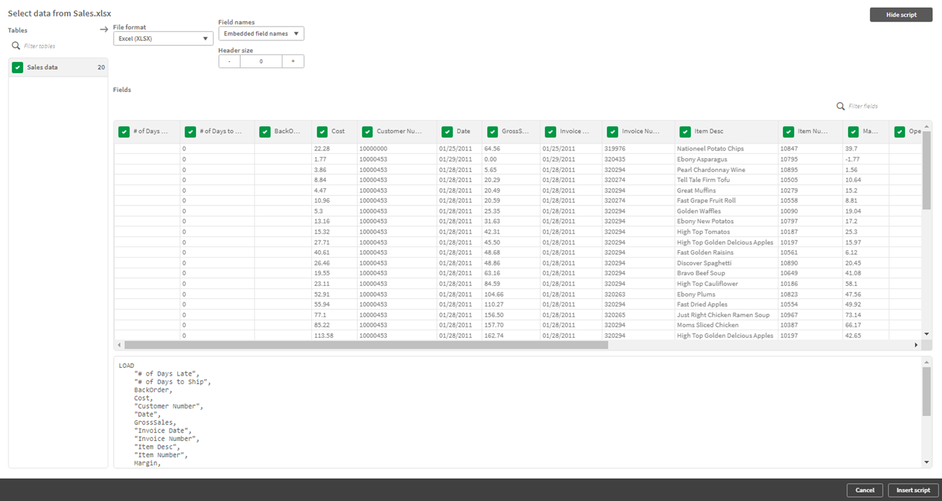 Data preview window for Sales data file.