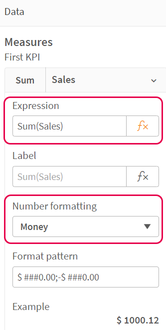 Number formatting applied to Sales measure.