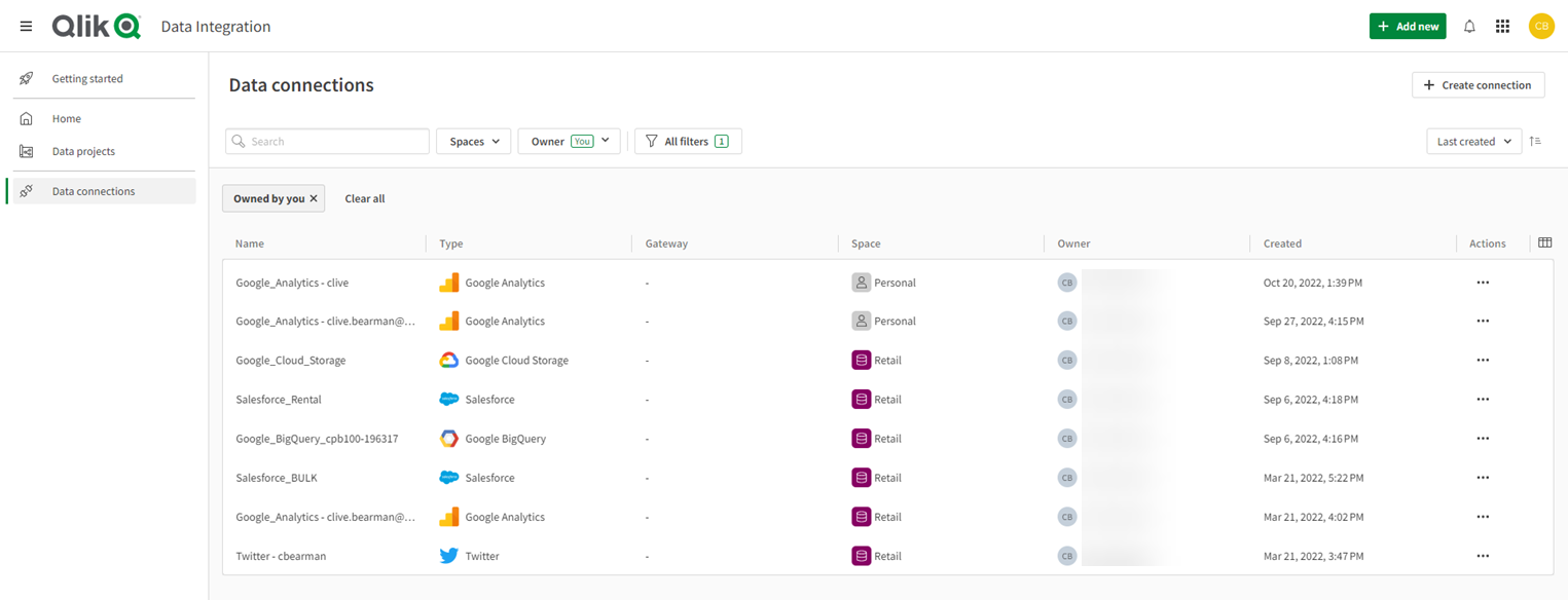 Data connections view in Qlik Cloud Data Integration