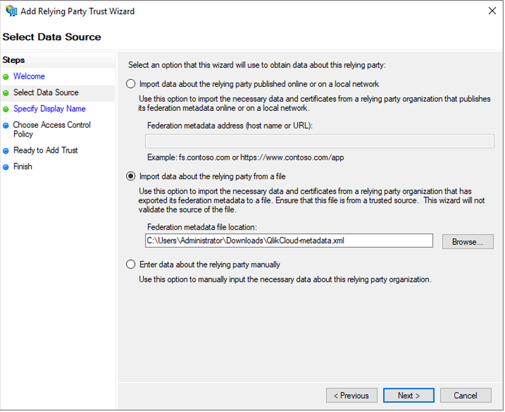 Select data source pane in ADFS.