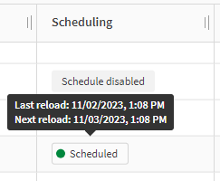 Screenshot of the Scheduling column with statuses and tooltip