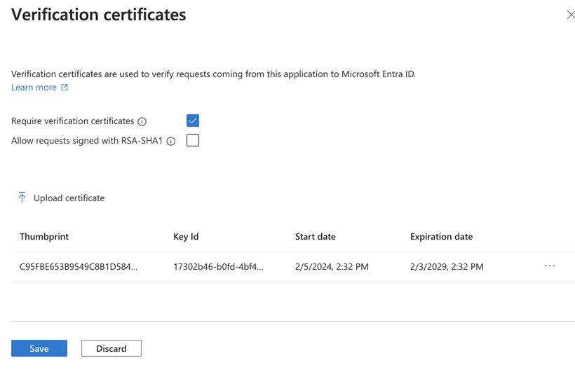 Verification certificates upload pane.