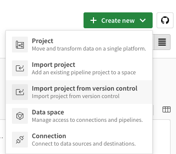 Import project from version control in menu