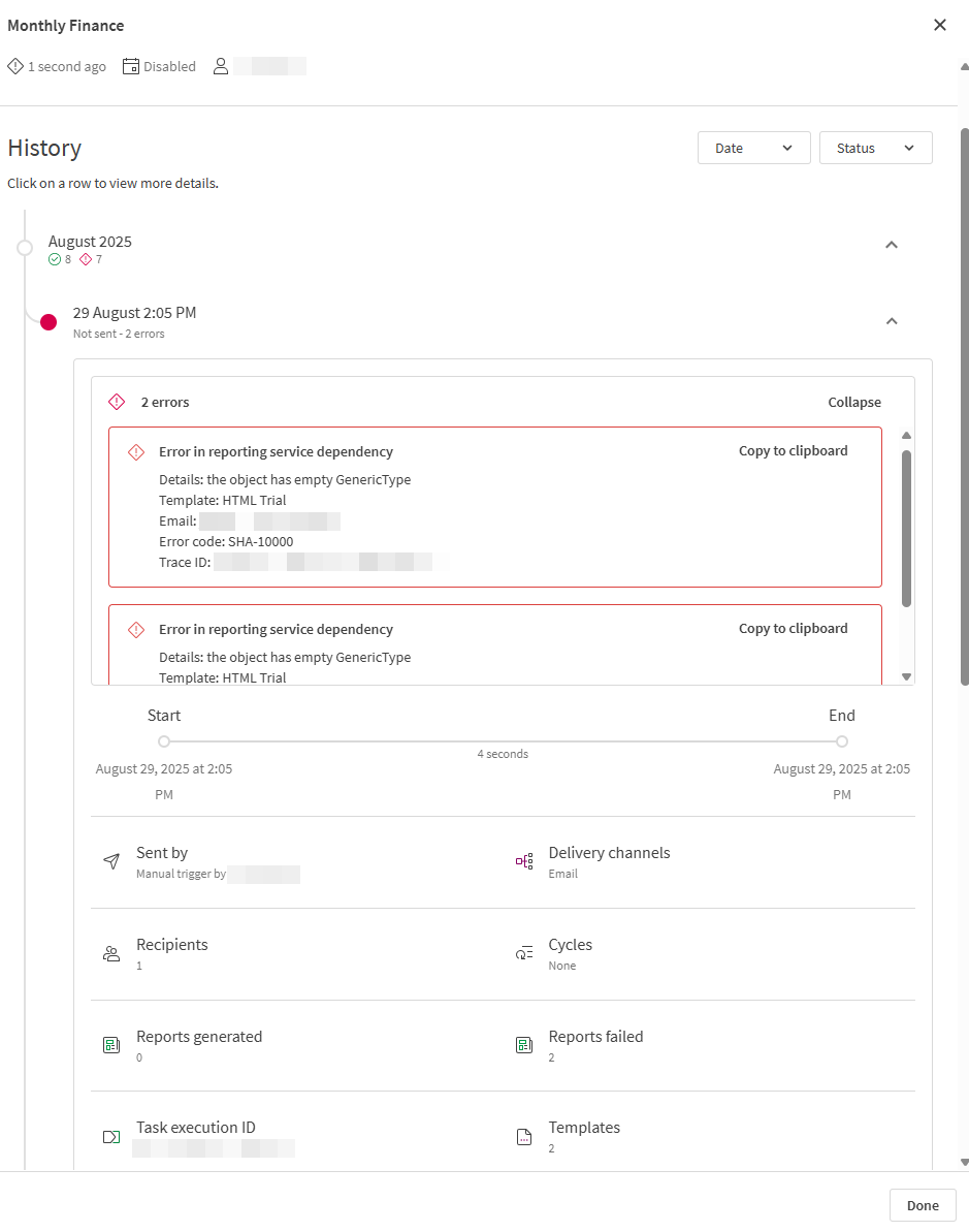 The 'History' view for a report task, with an individual task execution expanded. The expanded view shows details about the execution, such as its status, any error codes, and information about the configuration of the report task at the time of the execution