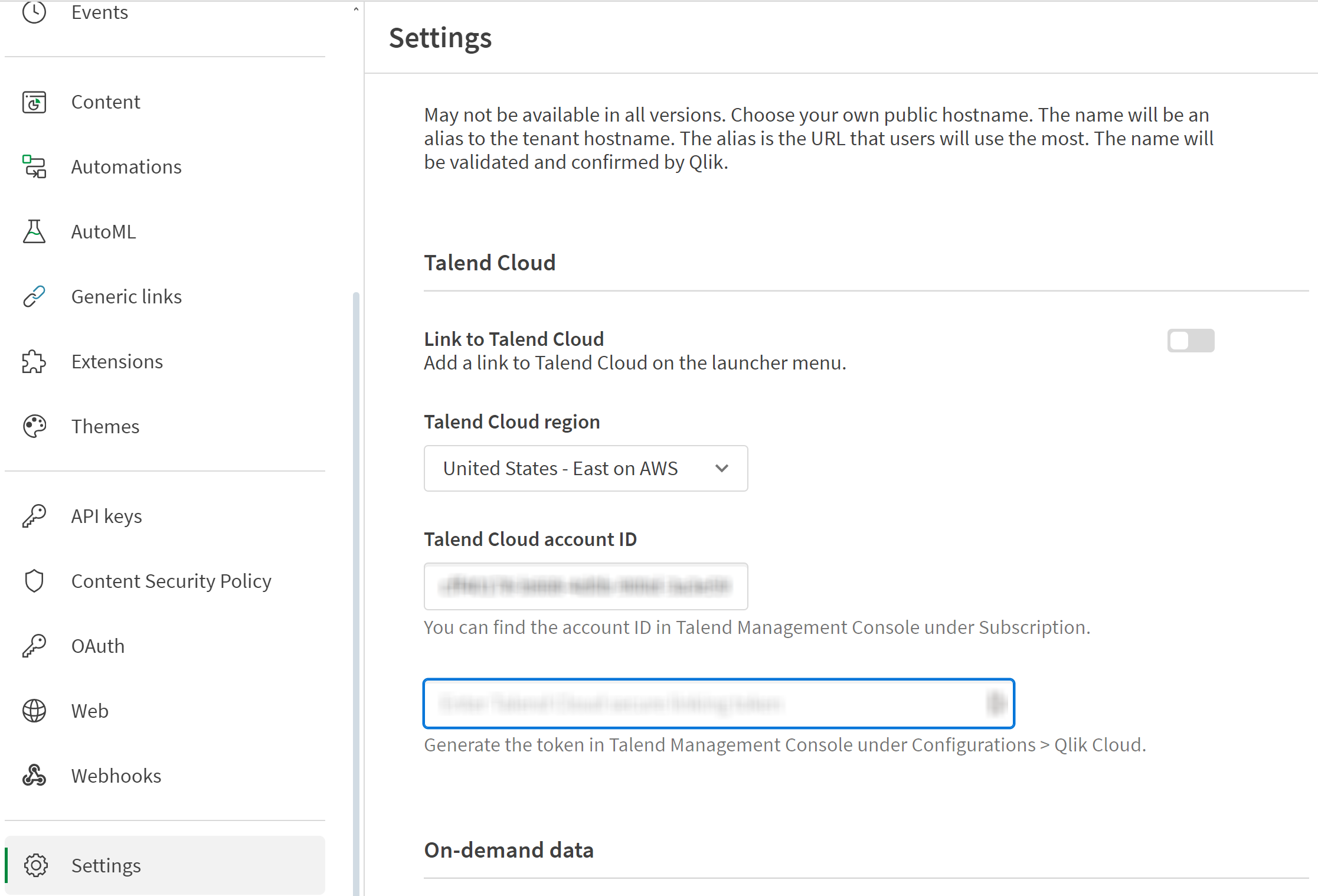 Settings pane showing settings for Talend Cloud