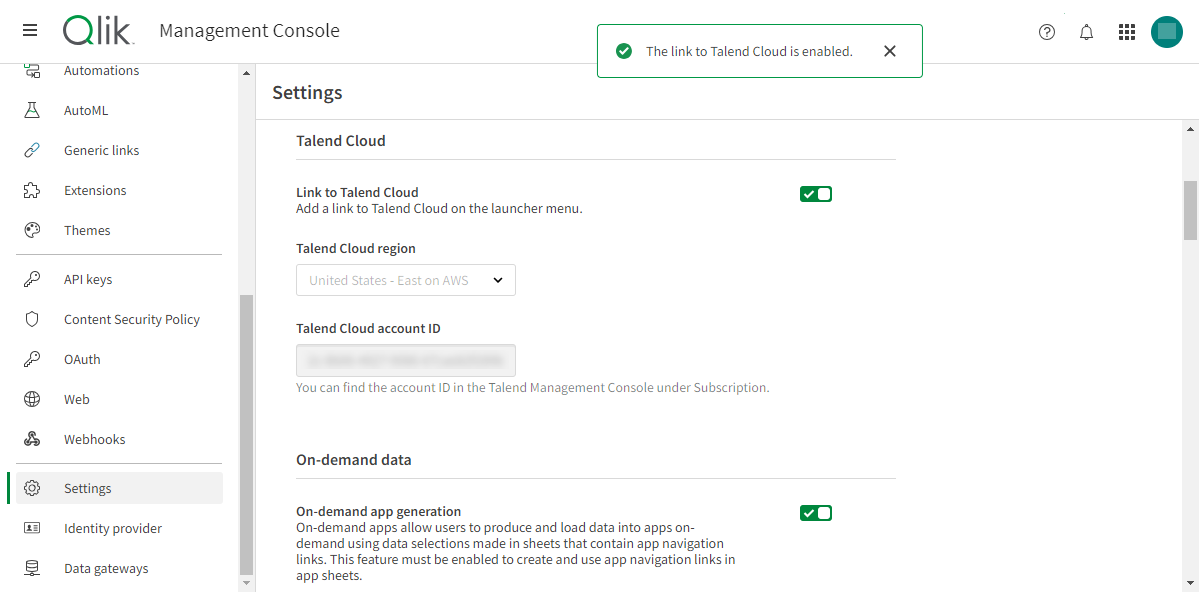 Settings pane showing settings for Talend Cloud