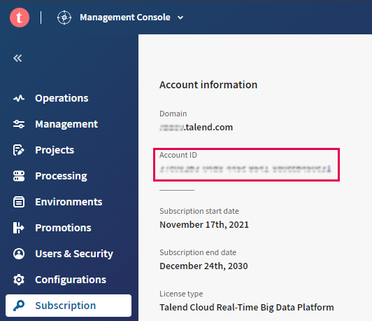 Subscription pane with account information in Talend Management Console