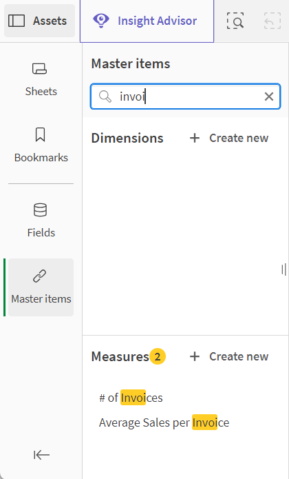 Search results for 'invoi' in Master items. Two results, # of invoices and Average Sales per Invoice, are shown.