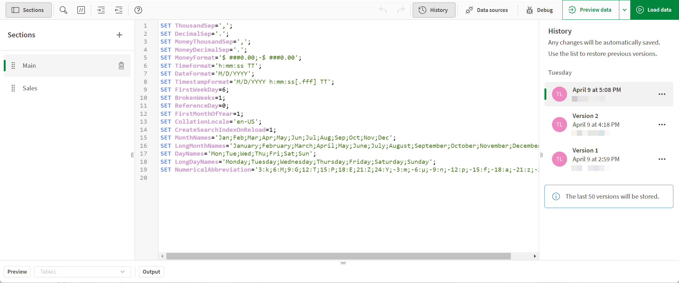 Data load editor with History open, displaying 4 different versions.