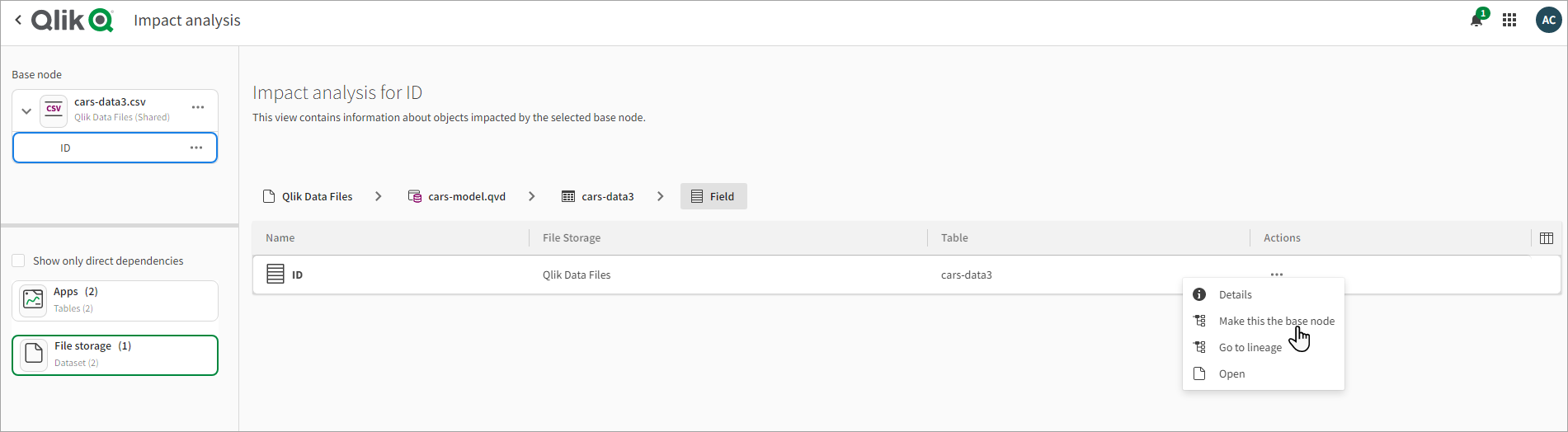 Actions menu in depenedencies grid