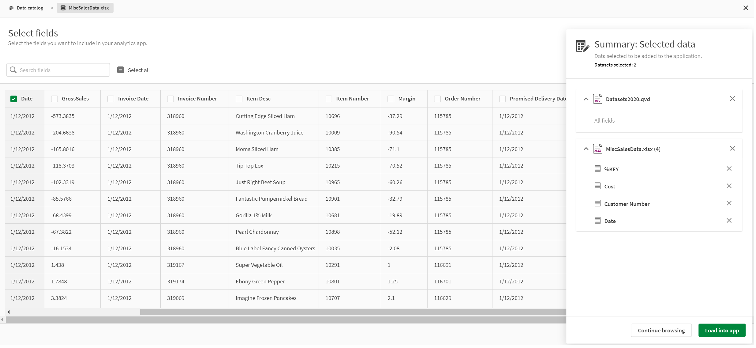 The data catalog's summary of selected fields to be loaded into an app.