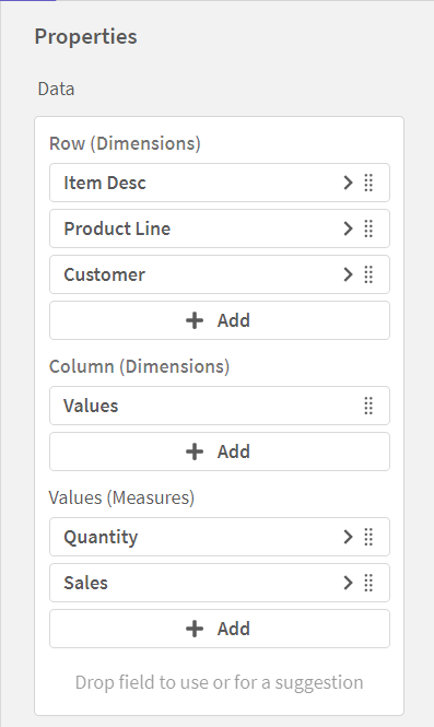 Properties panel, Data section.