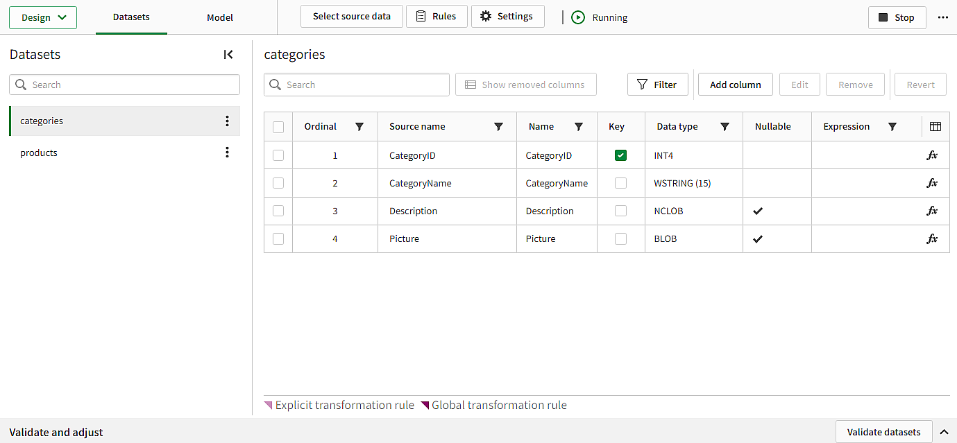 Datasets in the Design view of a data task