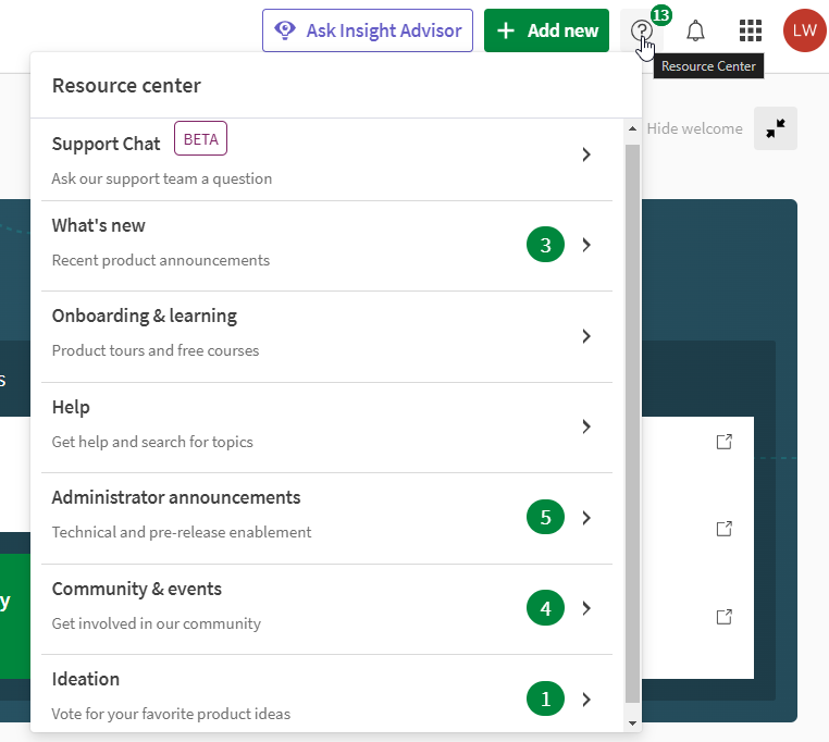 Resoruce Center menu in Qlik Cloud