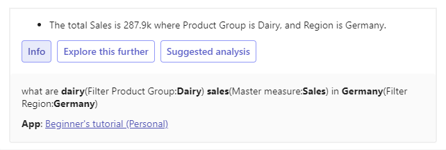 Interactive response card in Microsoft Teams showing expanded 'Info' button and how it demonstrates the parsing of the user request.