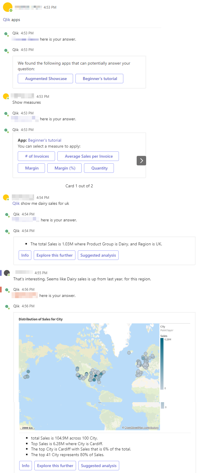 Example of how the Qlik Microsoft Teams bot can be used in a team channel for group interactions with data