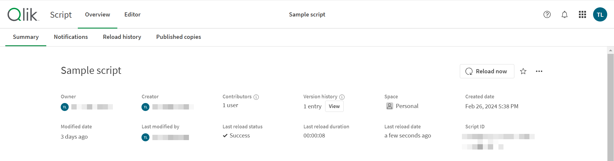 Details view displays Last reload datea and Modified date timestamps