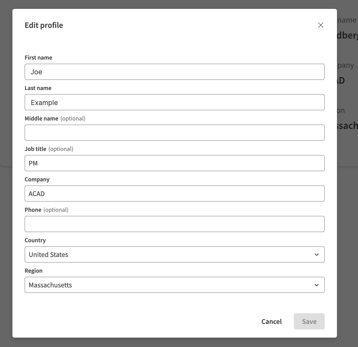 User profile details edit dialog