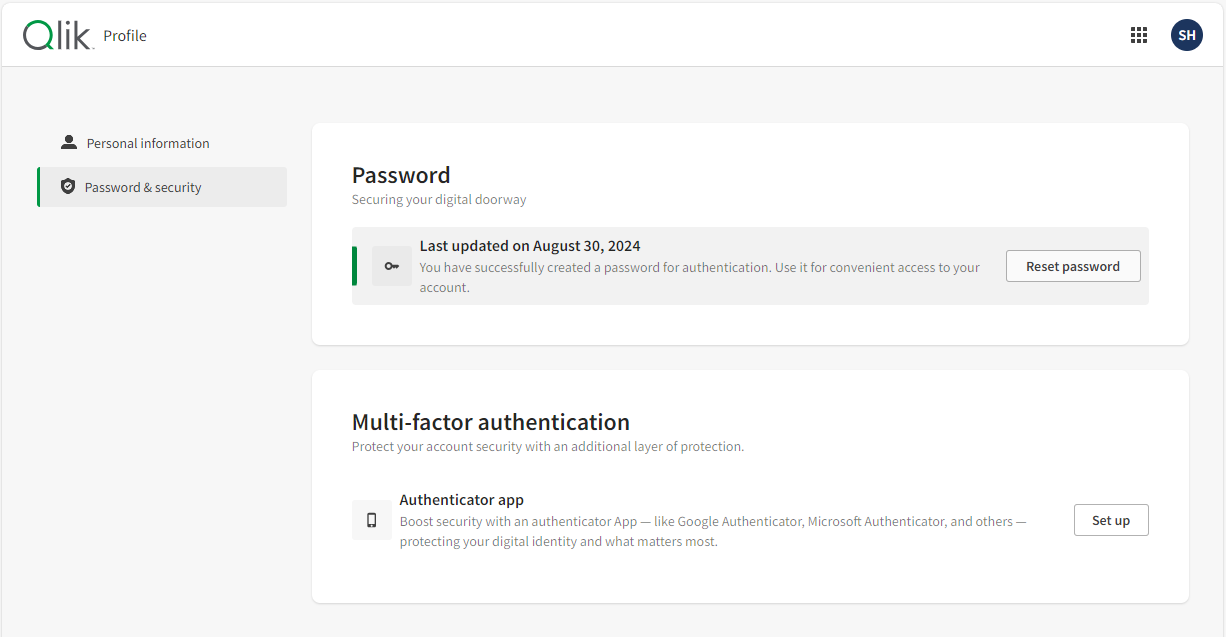 Profile settings menu when viewing My Qlik as service account owner.