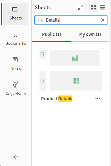 Searching Sheets in the assets panel for 'Details'. There is one result in public sheets and one results in my own sheets.