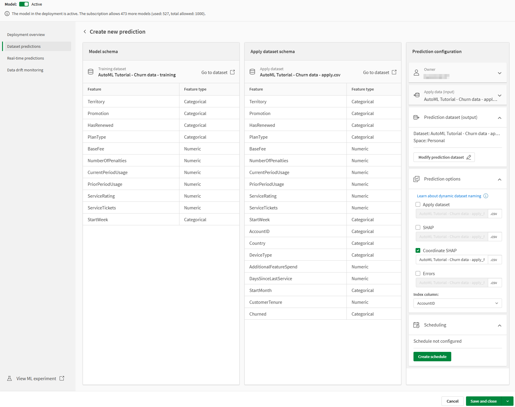 Prediction configuration menu and dataset schemas when creating predictions.