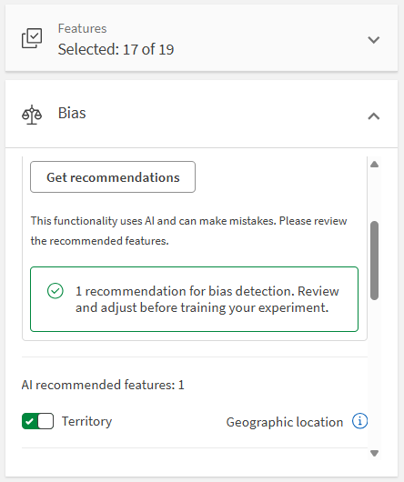 Reviewing AI recommendations for features on which bias detection is suggested.