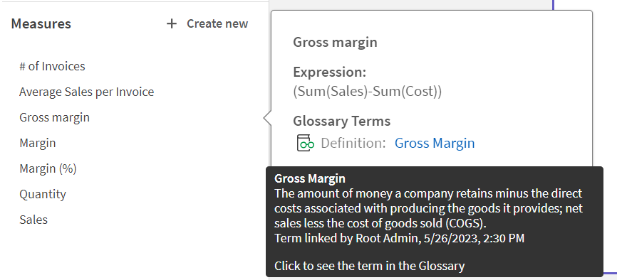 The master measure Gross margin open showing the term for gross margin from the glossary.