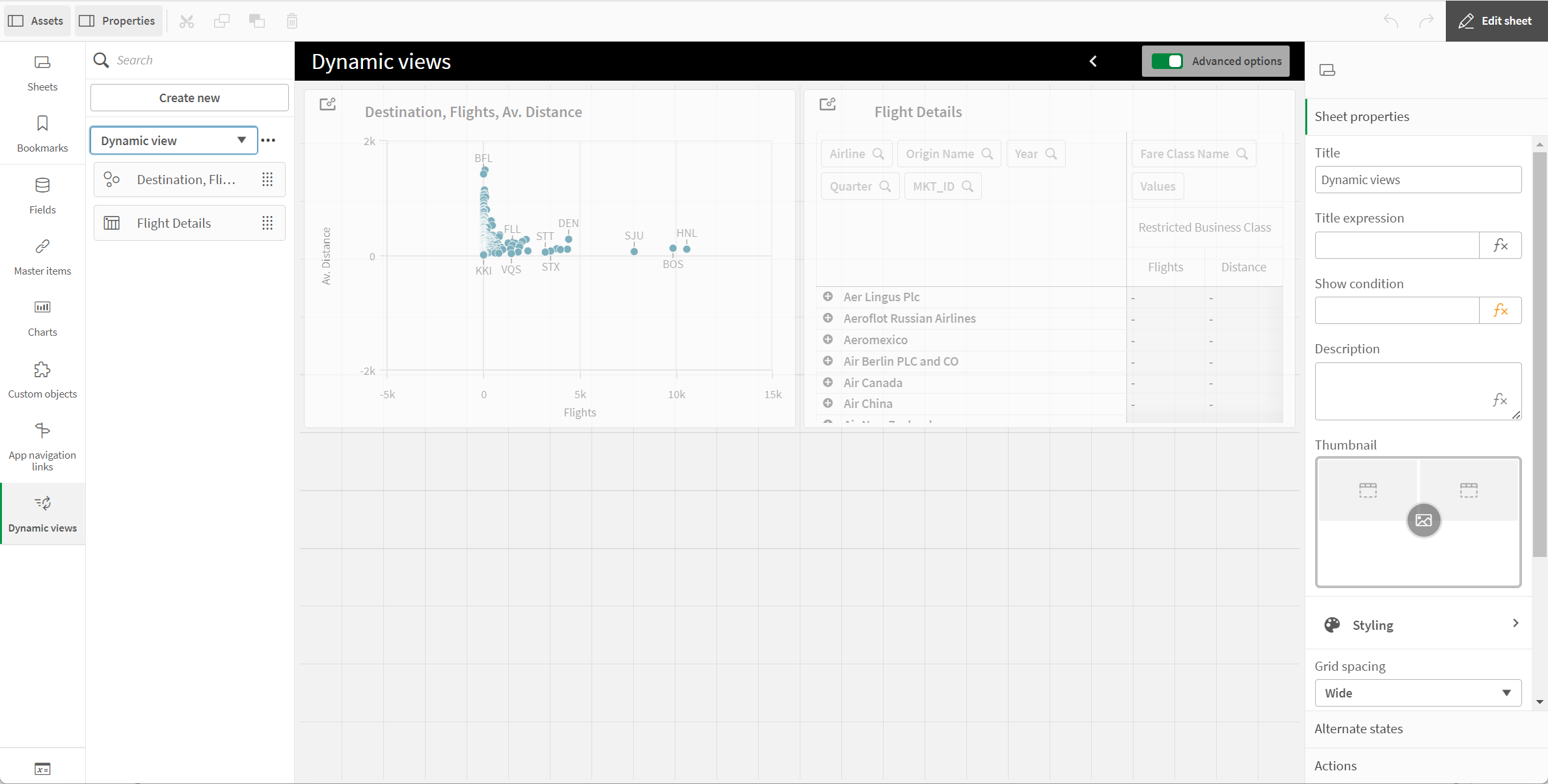 Dynamic views in the Assets panel of a new sheet