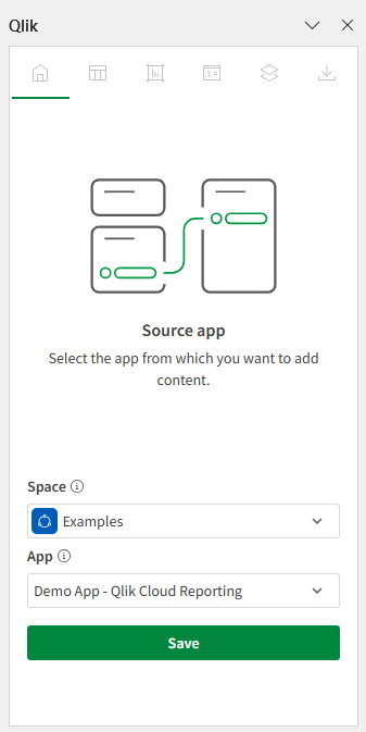 Add-in pane 'Home' tab, selecting source application to connect to.