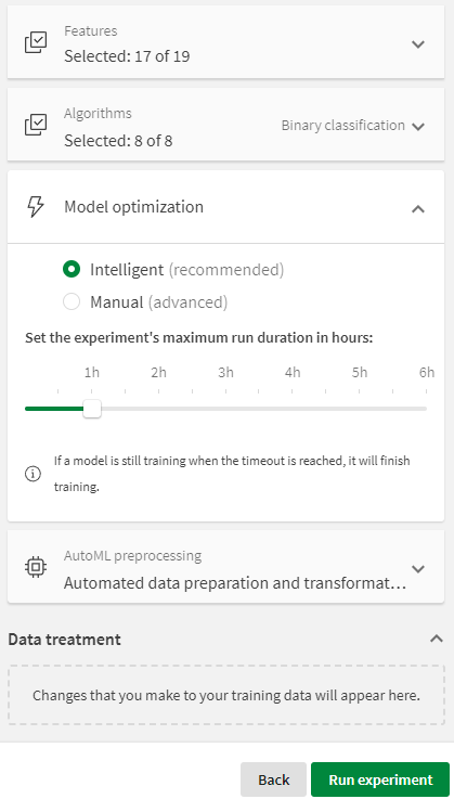 Experiment configuration panel showing 'Model optimization' setting set to 'Intelligent'