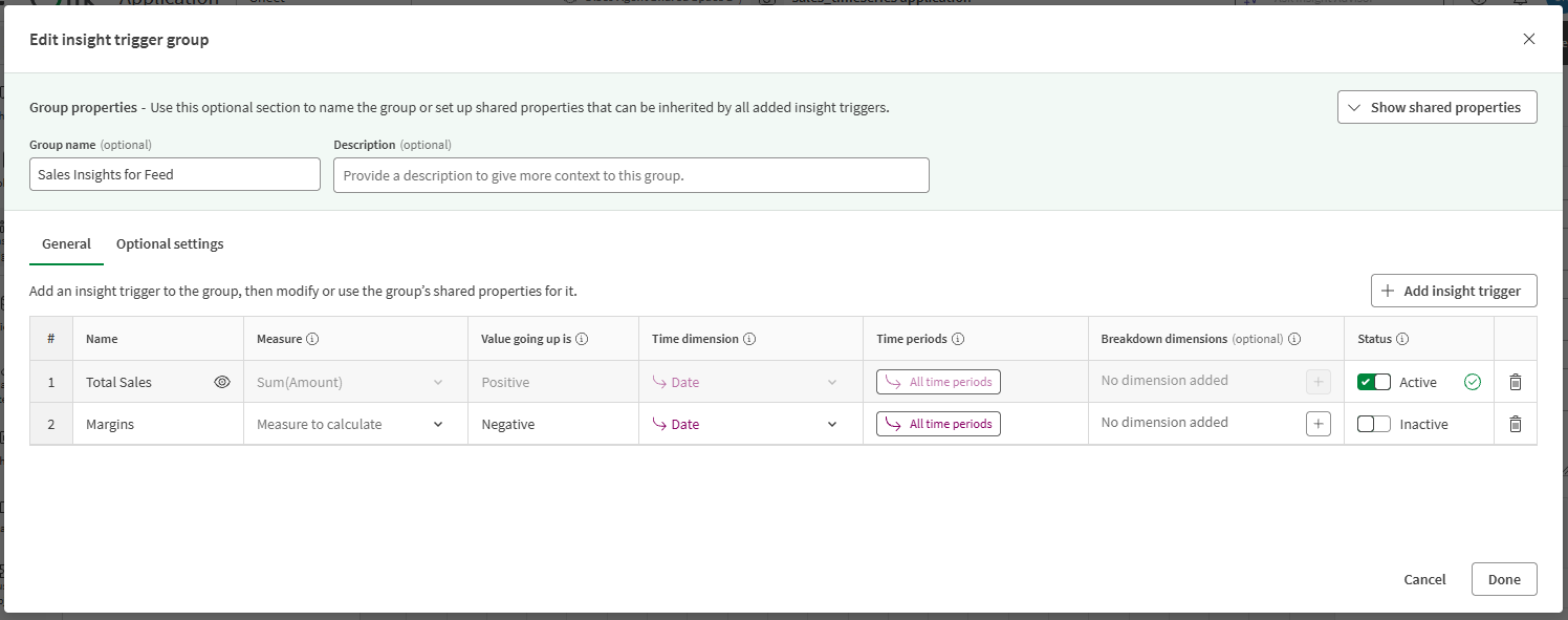 Creating insight triggers in the 'Create insight trigger group' dialog
