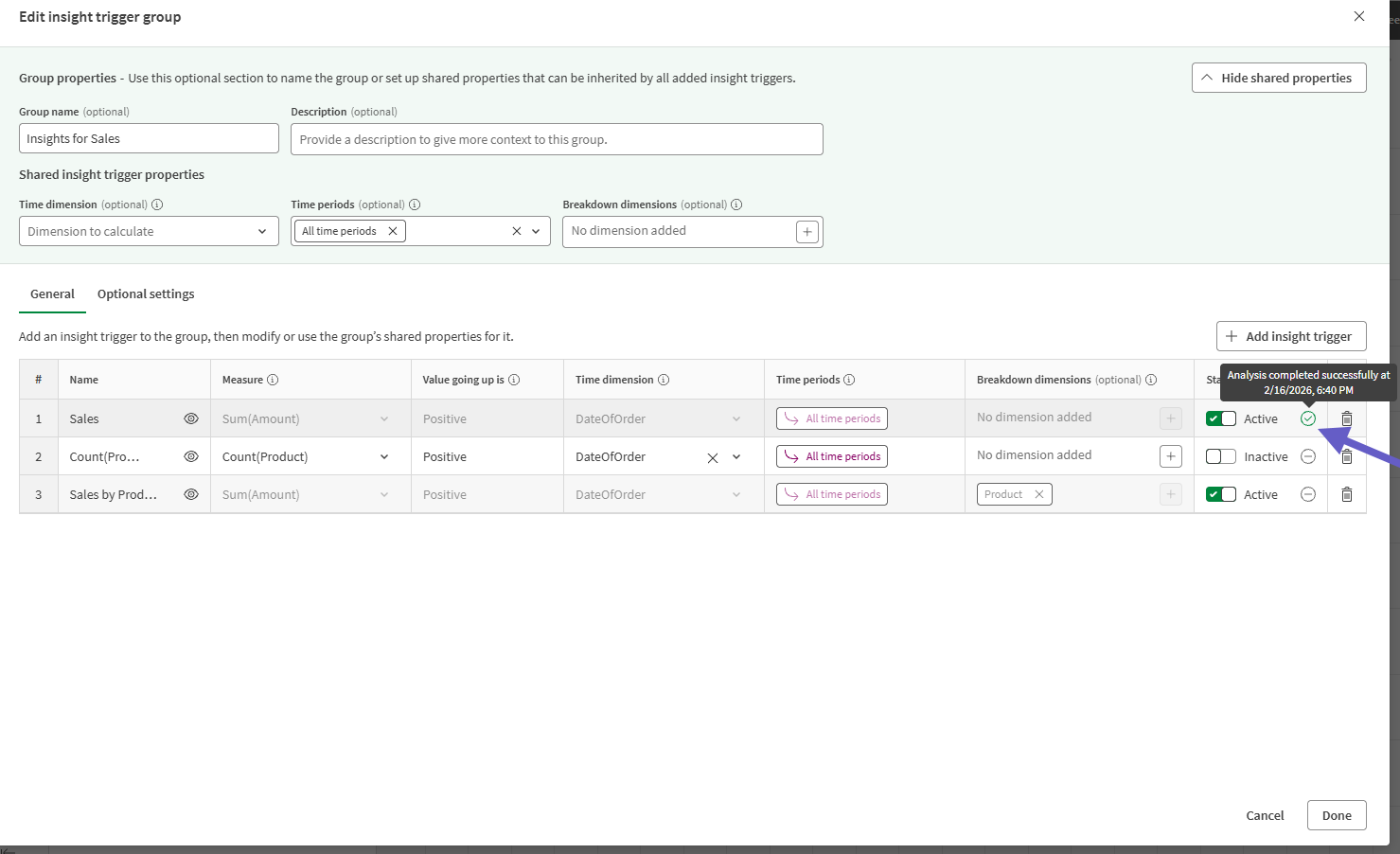 Monitoring the status of an insight trigger