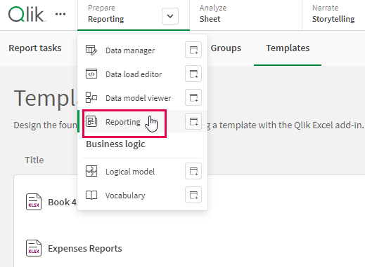 Qlik Sense app toolbar showing the 'Reporting' section under the 'Prepare' tab of an app. This is where you can create and configure report output