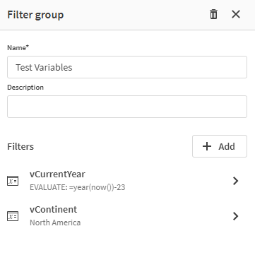 Filter group creation dialog window, showing two filters which have been defined using a variables, rather than a fields