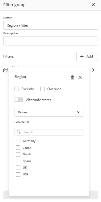 'Filters' side pane dialog, with 'Region' selected as a field to be filtered