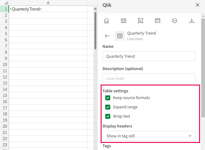 Table formatting settings when added as single tag