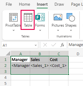 Columns and rows selected in source table, showing necessary selections to create the native straight table