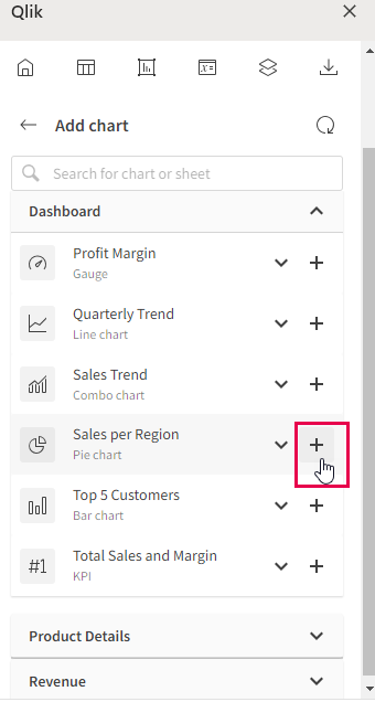 Select the chart to add to the template from the available charts listed by app sheet