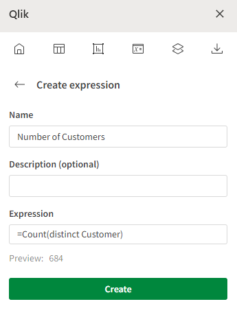 Create an expression using the Excel add-in, defining a Name, description, and expression (calculation)