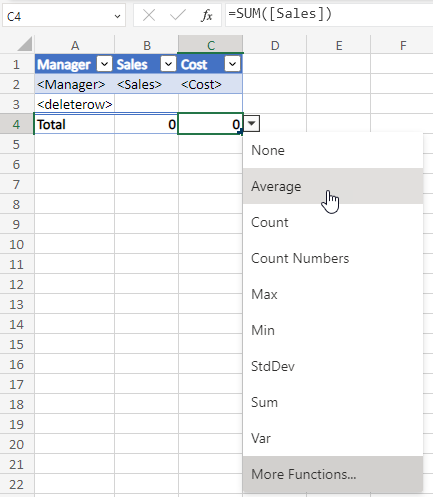 Drop down menu to select a summary function for the Total Row