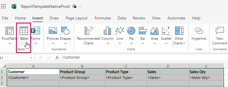  Columns and rows selected in source table, showing necessary selections to create the native straight table